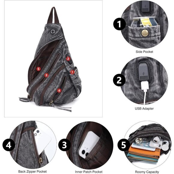 Canvas Sling Bag Jean-black Crossbody Backpack Genuine Leather Shoulder Bag - Picture 6 of 7